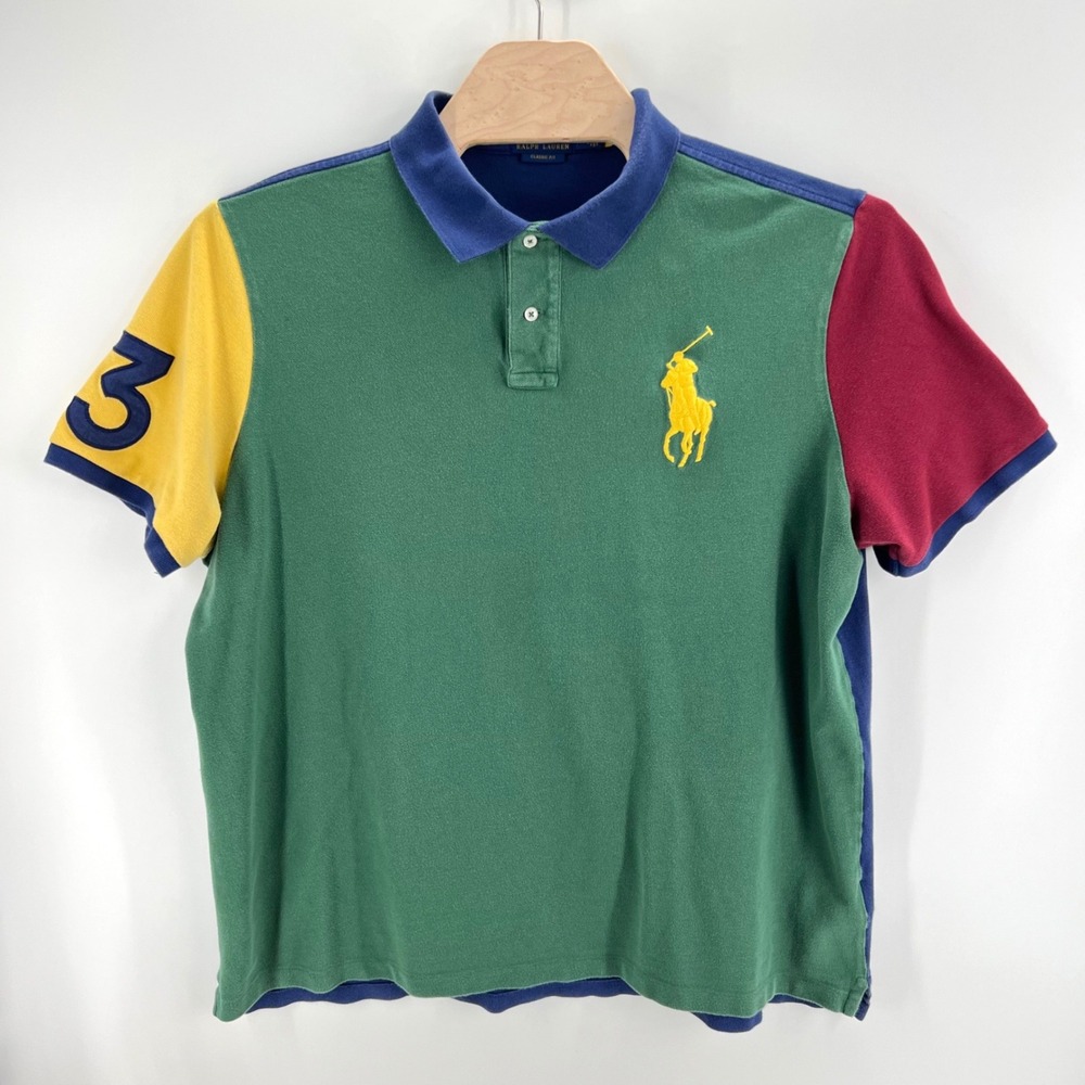 Polo Ralph Lauren Big Pony XXL Cotton Colorblock Green Blue Yellow Preppy Shirt